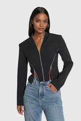 Prisha Zipper V Neck Short Jacket In Black